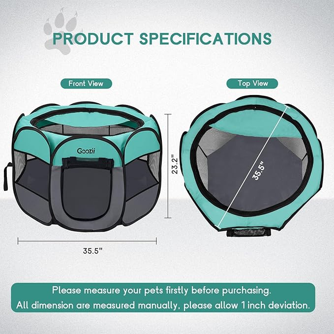 Goozii Pet Cat Playpen for Indoor Cats Enclosed, Puppy Dog Play Pen for Outdoor Travel Camping (Medium Size, Green & Dark Grey)