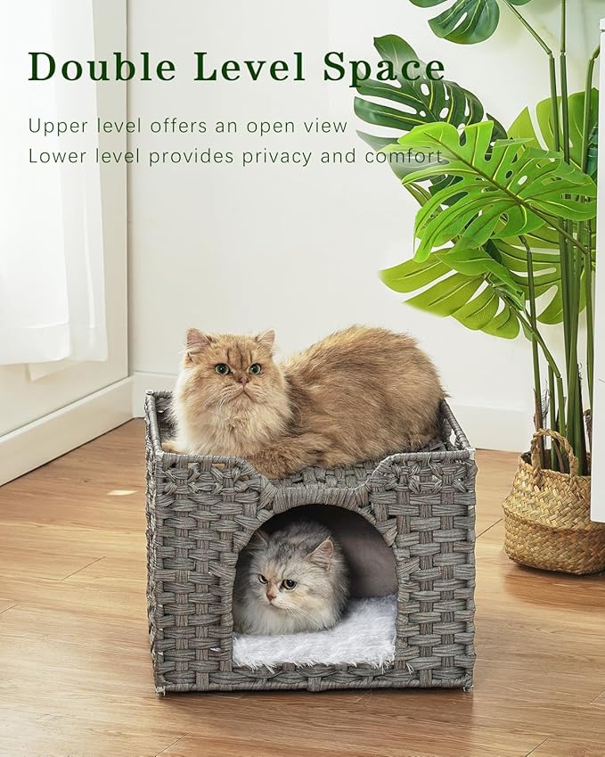 SETVSON Cat Beds Indoor Kitten House, Handwoven Rattan Cat Cave Pet Cube, Large Cat Houses, One Bed Mat, Foldable, Hideaway, 16.5x16.5x13.2 Inches, 2 S-Shaped Hooks in Living Room Bedroom Gray