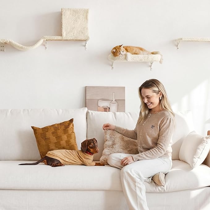 FUKUMARU Cat Wall Shelves, Stable & Safe 5 in 1 Cat Walls Furniture Set, Wooden Kitten Climbing Wall with Scratching Post for 16 Inch Drywall - Beige