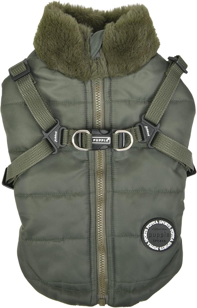 Puppia Donavan Winter Dog Coat with Integrated Harness No Pull Cold Weather Waterproof Warm Fleece Back Zipper for Small & Medium Dog, Khaki, XX-Large