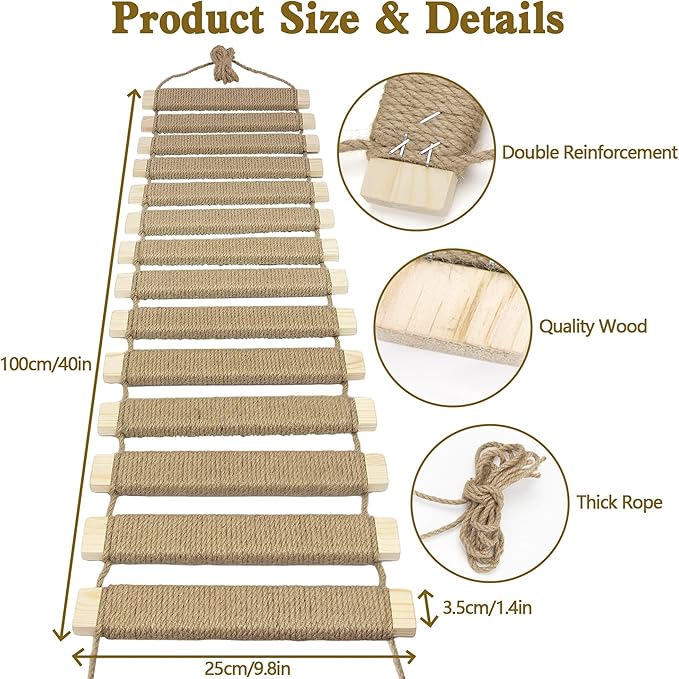 40in Cat Climbing Ladder & Bridge - Multi-Functional DIY Cat Wall Furniture with Sisal Rope for Indoor/Outdoor Cats, Parrots, and Small Pets (Wood Tone, L-40in)
