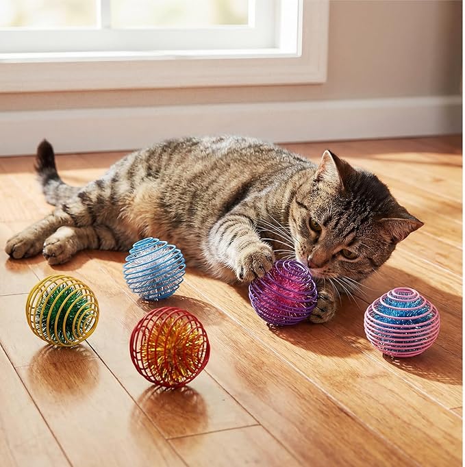 Jecery 5 Pcs Cat Spring Toys Stretchable Rolling Balls Colorful Playful Coils Interactive Action Toy Caged Rats for Kitten Pet Supplies (Glitter Balls,Multicolor)