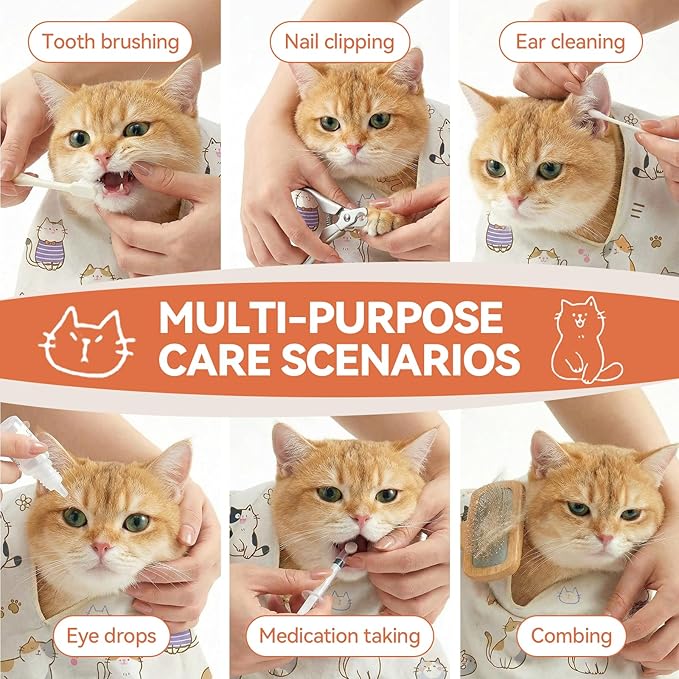 BFNN Cat Grooming Wrap for Cutting Nails, 27.6" Anti-Escape Calming Cat Swaddle Wrap for Medicine, Nail Clipping, Teeth Brushing, Ear Cleaning, Self-Adherent Burrito Restraint, (CatLand, L)