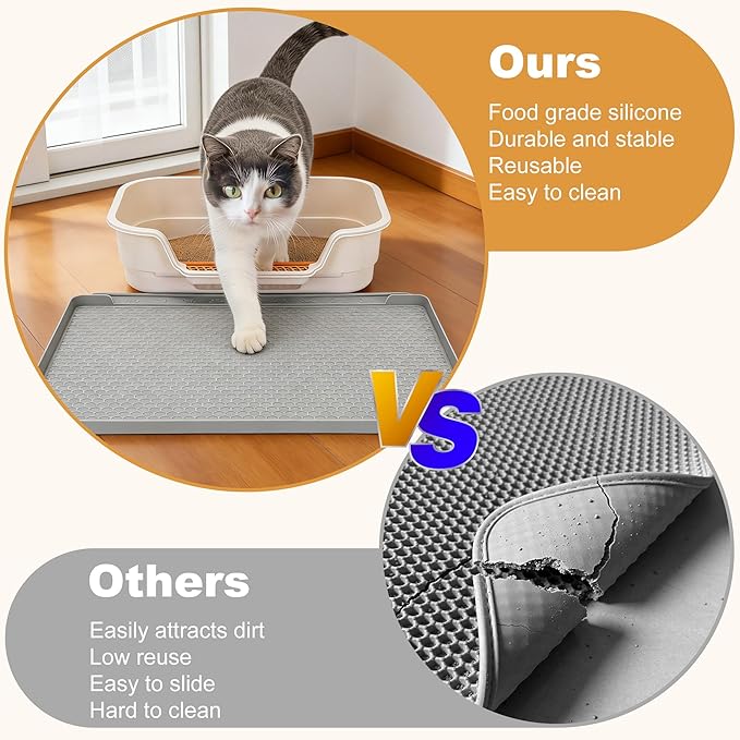 Cat Litter Mat, 24''x20'' Waterproof Silicone Litter Trapping Mat for Litter Box, Soft on Kitty Paws Non-Slip & Easy to Clean (Light Grey)