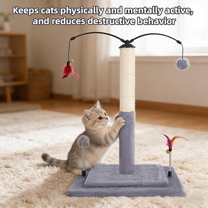 YUNIQUE Cat Scratching Post with Sisal Rope, Small Cat Tree with Dangling Balls & Feather for Kittens (Grey, 20.9)