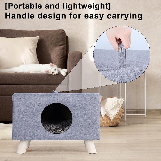 Cat Nest, Wooden Pet House Ben with Mat, Cat or Dog Furniture Bed - Wooden Feet, Enclosed Design Cat Cube, Cozy Condo Cave, 18.7x10.2x11.8 Inch (Grey) 1 Set