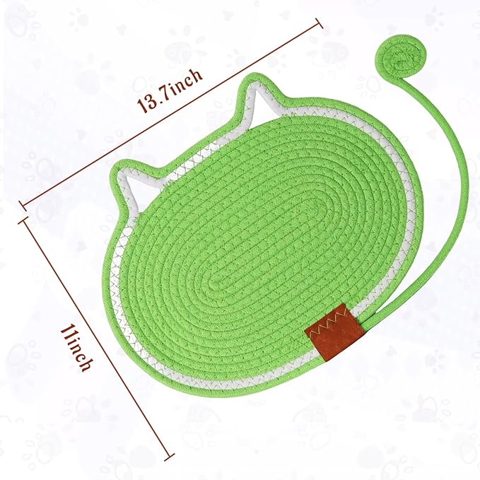 Cat Scratcher Mat Natural Cotton Rope Oval Horizontal Floor Cat Scratch Bed Pad with Ball Toy Protector for Furniture Floor Wall (Green, 1PC)