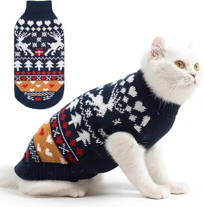 PUPTECK Christmas Cat Sweater, Soft Warm Turtleneck Pet Winter Clothes, Kitten Sweater Apparel, Knitwear Coat for Cats Puppy Outfit Cold Weather Clothes, Navy Blue S