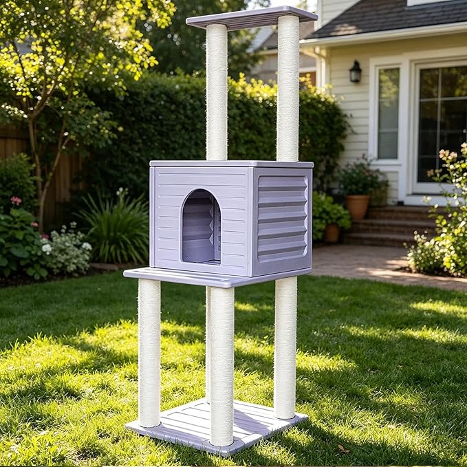 61.5” Indoor and Outdoor Cat Tree Tower, Cat House for Outdoor Cats, Weatherproof Large Cat Condo with Scratching Posts for Catio