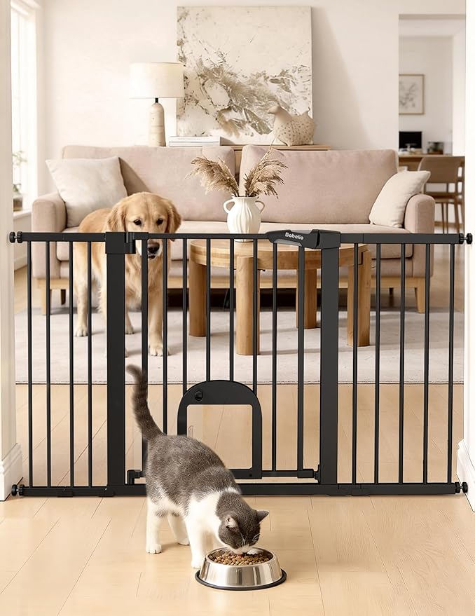 Babelio Baby Gate with Cat Door, CatPrivilege Ⅲ, Extra Wide 29-55" Cat Gate, 30" Tall Pressure Mounted Safety Gate for Large Openings, Stairs & Doorways, Auto Close, Black