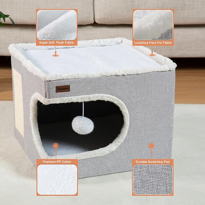 Garnpet Cat Bed for Indoor Cats Cube House, Covered Cat Cave Beds & Furniture with Scratch Pad and Hideaway Tent, Cute Modern Cat Condo for Multi Small Pet Large Kitten Kitty, Khaki