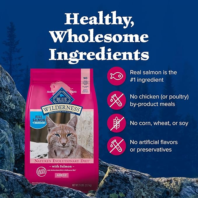 Blue Buffalo Wilderness Natural Adult Dry Cat Food, High-Protein and Grain-Free Diet, Supports Healthy Muscle Development and a Healthy Immune System, Salmon, 5-lb Bag