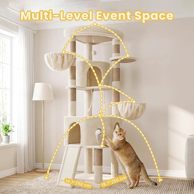 Cat Tree, 73-Inch Sturdy Corner Cat Tower with Wide Top Perch, Cat Furniture with 2 Spacious Condos, 2 Cozy Baskets, 2 Scratching Boards & Interactive Toy for Large Cat, Beige VCT021MJ