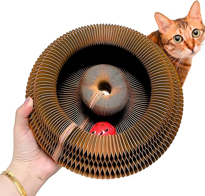 KITTY KURLZ Interactive Cat Toy & Cardboard Cat Scratcher, Collapsible Ball Track with Bell, Reversible Scratch Ring for Play, Chase and Lounge