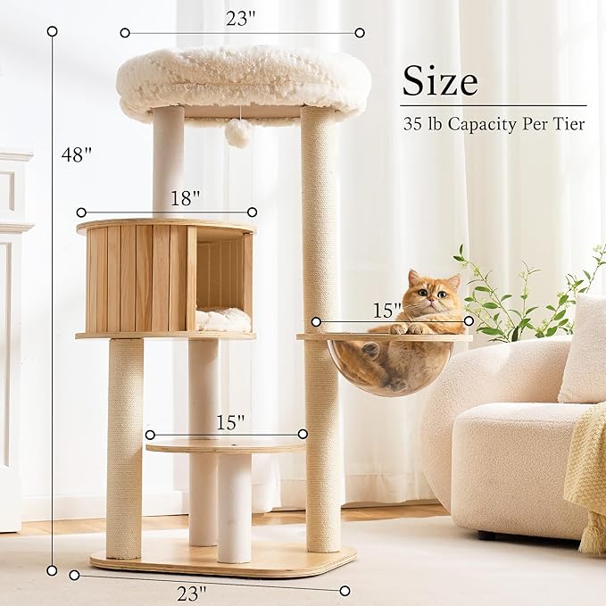797Audio Wood Modern Cat Tree, 48" Cat Tower with Sisal Scratching Posts, Cat Condo, Capsule and Bed, Solid Wooden Aesthetic Multi-Level Cat Climbing Tree for Large Adult Indoor Maine Coon Cats-White