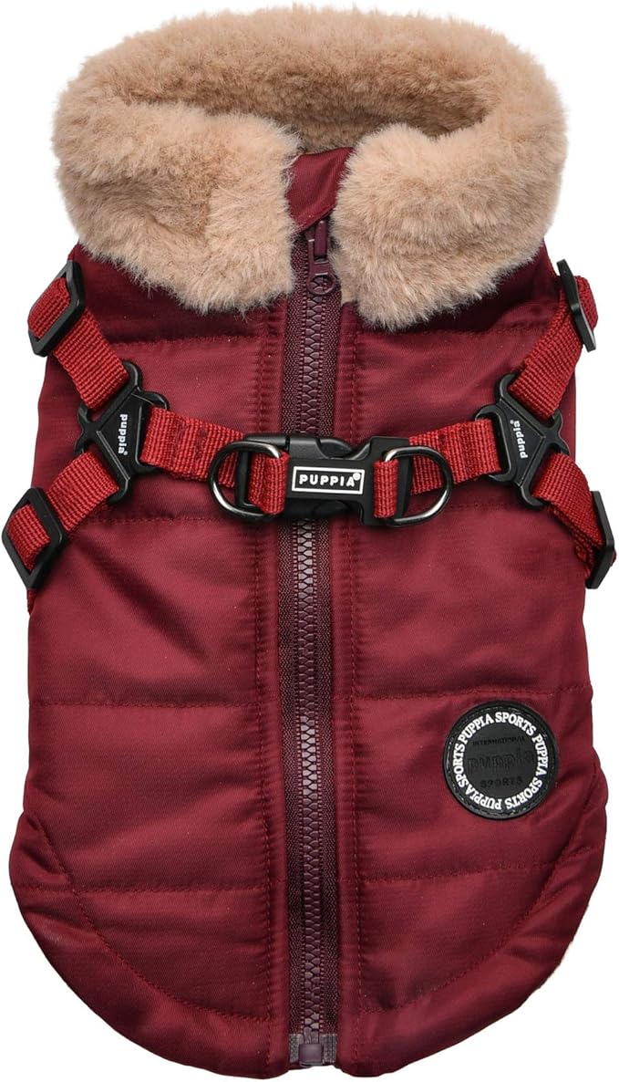 Puppia Donavan Winter Dog Coat with Integrated Harness No Pull Cold Weather Waterproof Warm Fleece Back Zipper for Small & Medium Dog, Wine, Medium