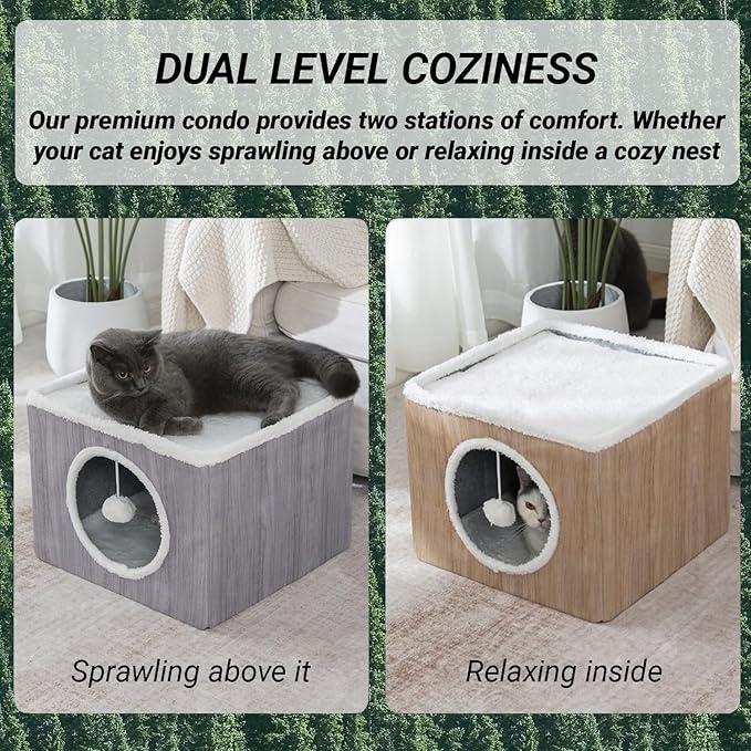 Cat Condo House with Reversible Cushions and Fluffy Ball Hanging, Foldable Cube, Large Cave Bed for Indoor Cats Kittens, Grey Wood Grain Pattern
