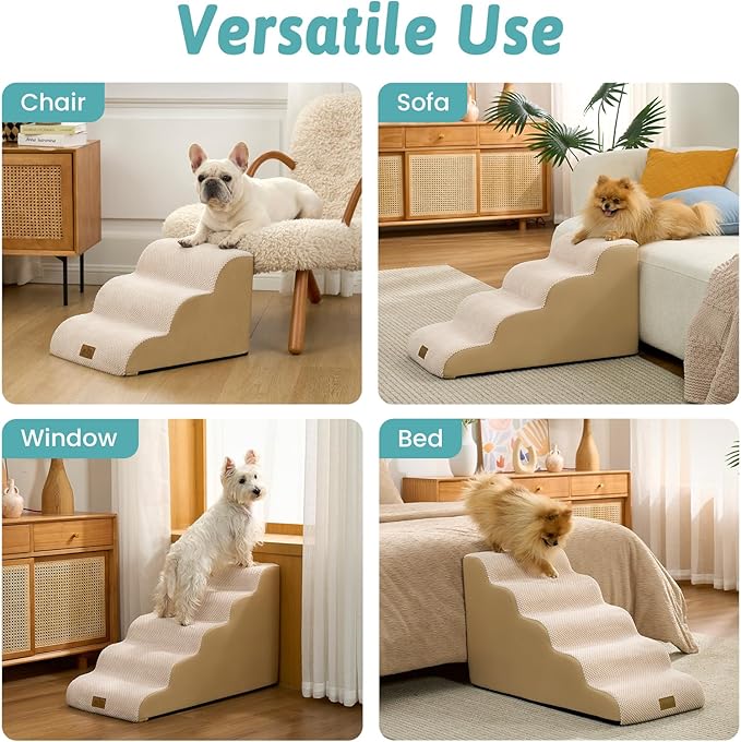 COZY KISS Dog Stairs for Small Dogs 13" H, 3-Step Slope Curved Dog Steps for Couch, Chair or Bed, Sturdy Pet Stairs for Puppy, Older Cat, Cat Ladder with High Density Foam, 15.7x20x13 inch, Beige