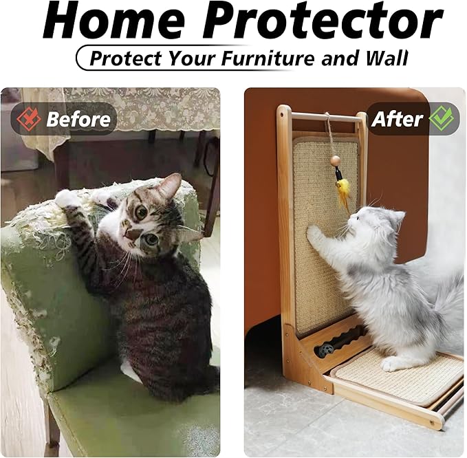 Cat Scratcher, 23.6in Sisal Scratching Pad, L Shape Scratch Pad Wall Mounted with Ball Toy for Indoor Cats, Durable Natural Sisal Cat Scratch Furniture Protector