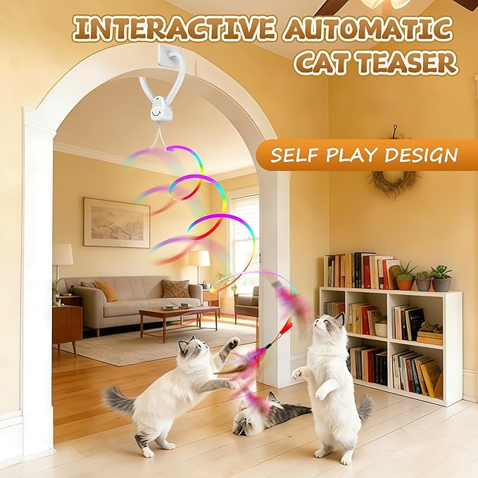 Interactive Cat Toy for Indoor Cats, Automatic Hanging Door Frame Toy with Feather & Mouse, 360° Rotating, USB Rechargeable Self Play Kitten Toy for Hunting Instinct, Cat Boredom Relief