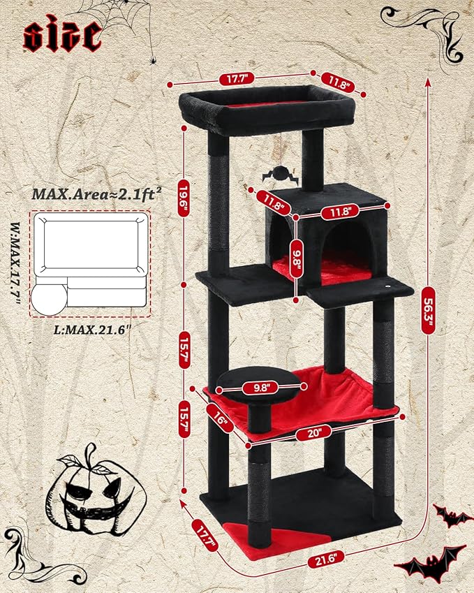 MUTTROS Gothic Cat Tree with Super Large Hammock, 56.3" Black Cat Tower with Coffin Bed, Cat Condo, Sisal Scratching Posts & Top Perch, Multi-Level Goth Cat Tree, Halloween, Black