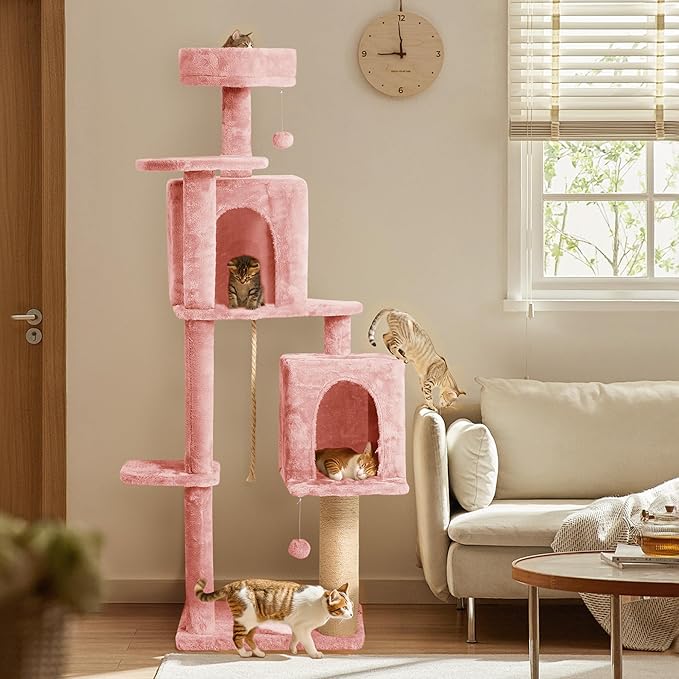 59in Large Cat Tree Tower for Indoor Cats with Soft Plush Hang Ball, Two Condos, Sisal Scratch Posts & Rope Play for Kittens/Adult Cats, Pink