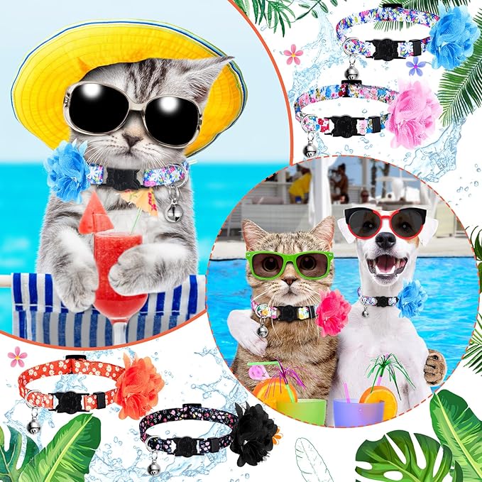Saintrygo 8 Pack Spring Flower Cat Collars Breakaway with Bells Floral Safety Cat Collar Buckle Cute Cats Kitten Collar Gift for Girl Boy Cats Colorful Adjustable Pet Supplies Daily Decoration(Medium)