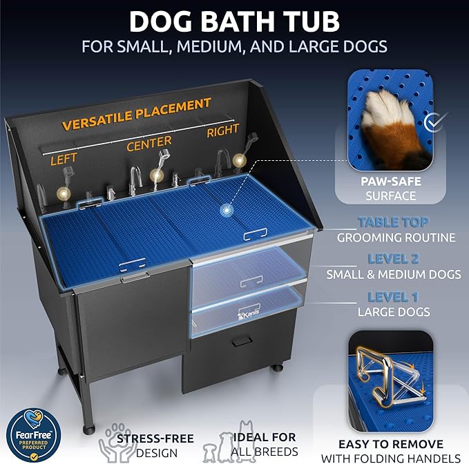 KANIS Professional Dog Washing Station 304 Stainless Steel Pet Wash Sink & Grooming Bathtub w/Shower, Floor Grates and Storage for Large, Medium & Small Pets (Black, 50 Inches, Left Ramp, 1 Drawer)