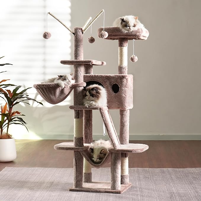 Hey-brother Cat Tree, 53 inch Cat Tower for Indoor Cats, Cat House with Padded Platform Bed, Toy Balls, Large Cozy Condo, Hammocks and Sisal Scratching Posts, Muchroom MPJ019-SMU