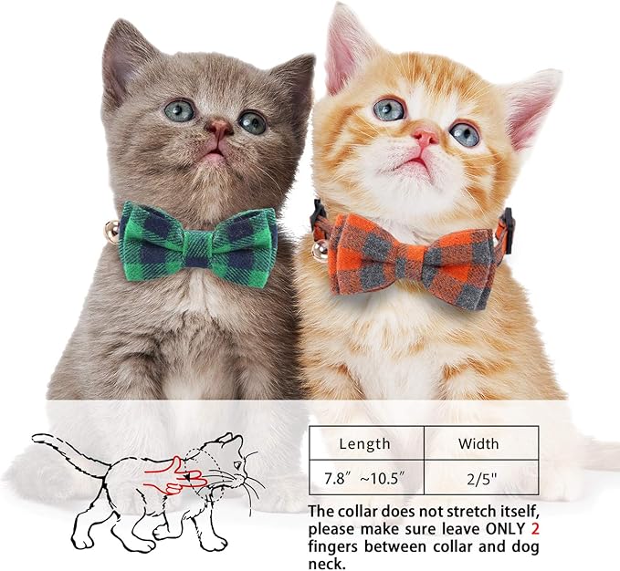 2 Pack/Set Cat Collar Breakaway with Cute Bow Tie and Bell for Kitty and Some Puppies, Adjustable from 7.8-10.5 Inch (Green+Orange, Plaid)