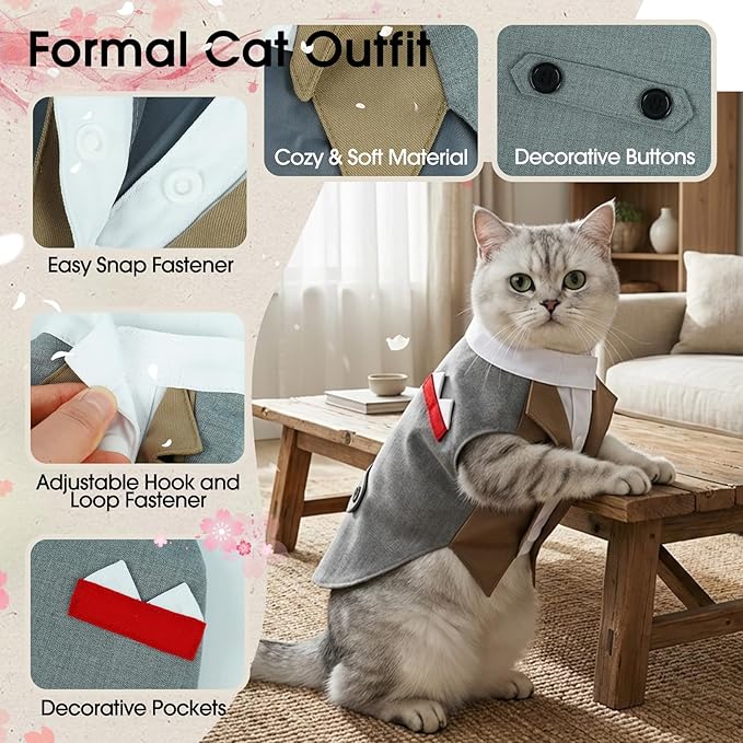 DENTRUN Cat Tuxedo Outfit Formal Suit with Shirt, Fancy Pet Tuxedo Vest for Hairless & Furry Cats, Kitten Wedding Attire Birthday Party Costume Clothes for Cats Only, XS-XXL
