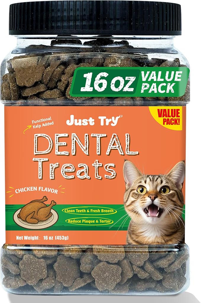 Just Try Dental Health Treats for Cats - Advanced Kelp Clean Teeth & Fresh Breath - Reduce Plaque & Tartar - Chicken Flavored Chews - 16 OZ