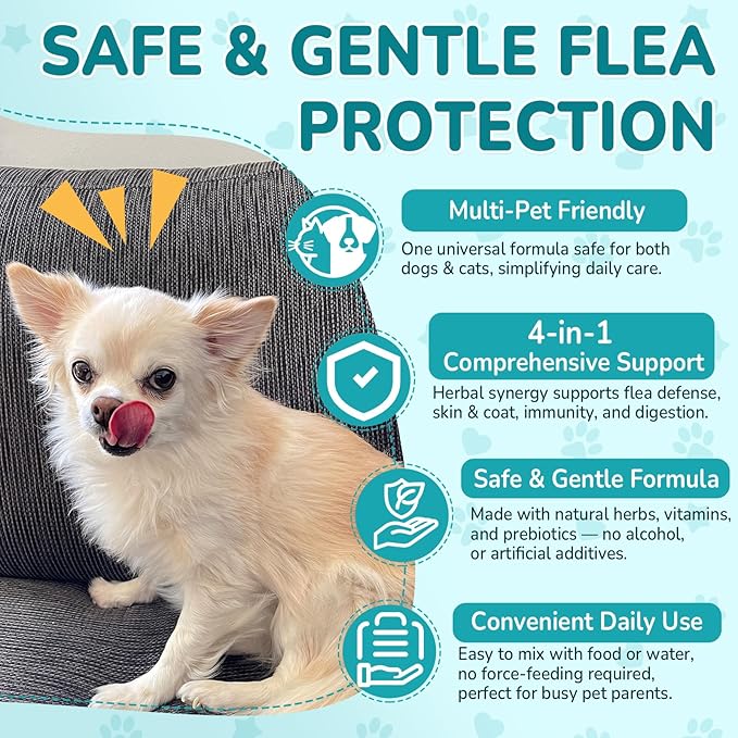 Woyamay Natural Flea & Tick Prevention Bundle for Cats & Dogs, 200 Chews + Drops 4-in-1 Herbal Drops, Supports Skin, Coat, Digestion & Immunity, Gentle Daily Flea Treatment for Multi-Pet Homes