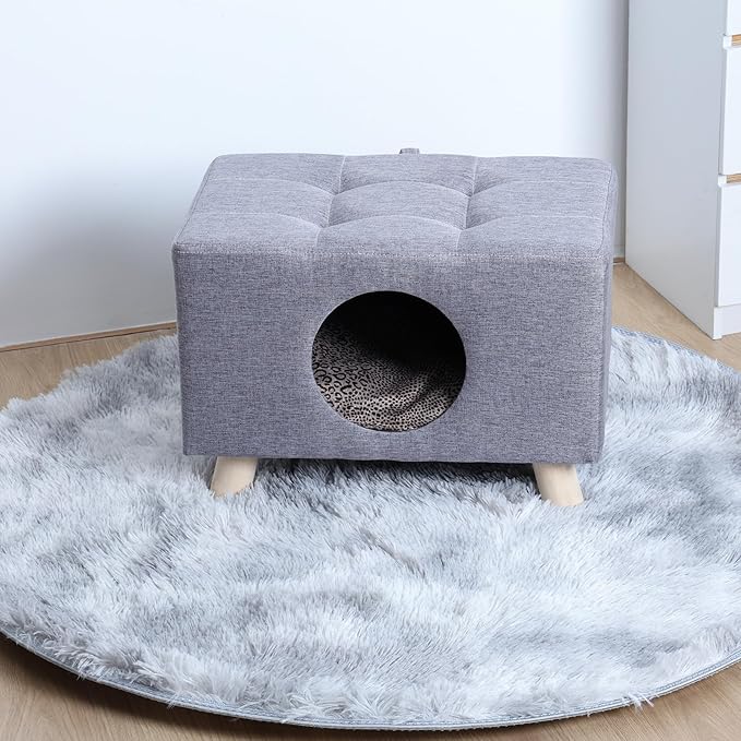 Cat Nest, Wooden Pet House Ben with Mat, Cat or Dog Furniture Bed - Wooden Feet, Enclosed Design Cat Cube, Cozy Condo Cave, 18.7x10.2x11.8 Inch (Grey) 1 Set