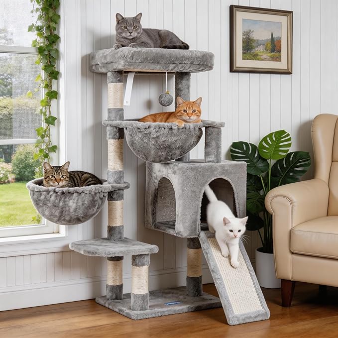 Hey-brother Cat Tree, Cat Tower for Indoor Cats, Cat House with Large Padded Bed, Cozy Condo, Hammocks, Sisal Scratching Posts, Big Scratcher, Light Gray MPJ006SW