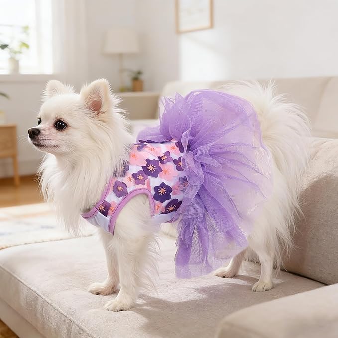 Dog Dress, Fashion Puppy Tutu Princess Dresses for Small Dogs Girl, Sweet Skirt with Dog Bowknot Clips, Spring Dog Cat Clothes Pet Apparel (Purple Floral Dress, Medium)