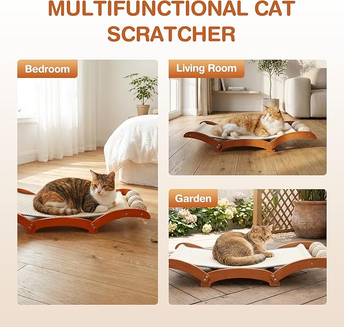 3-in-1 Extra-Large Cat Scratcher Bed with 3 Interactive Sisal Balls, Solid Wood Scratching Post Lounge with Toy, Sturdy Hammock for Large Cats to Sleep, Scratch & Play