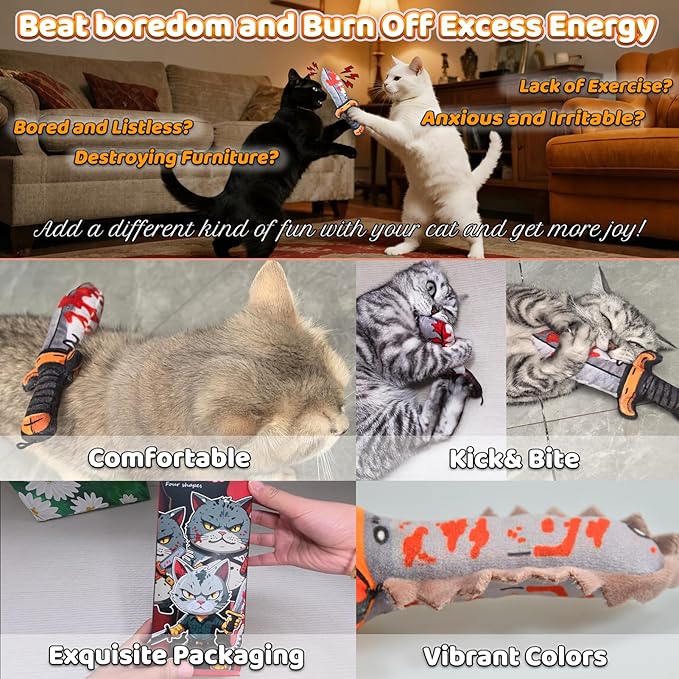 Cat Toys [8000mg Premium Catnip] Cartoon Colorful Style Horror Funny Knife Catnip Cat Toys Durable Rattle Sound Toy for All Cat Breeds Indoor Interactive Kitten Toys Get Bored Cats Active 4 PCS