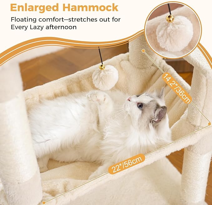 53” Cat Tree for Large Cats 20 lbs+,XL Cat Tower with Scratching Posts,Enlarge Top Bed 23.6”and 21.6”x15”Hammock, Oversized Condo House-XLarge Beige