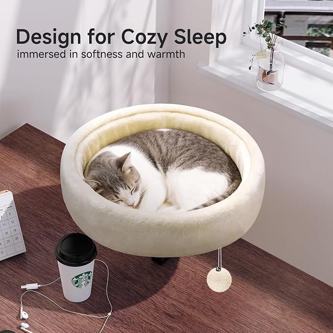 Chumajor Cat Desk Bed - 360° Rotating & Adjustable, Supports 50 lbs, Soft Faux Fur with Dual-Sided Reversible Mat, Modern Indoor Cat Nest Furniture for Office Desks and Game Tables, Island Table white