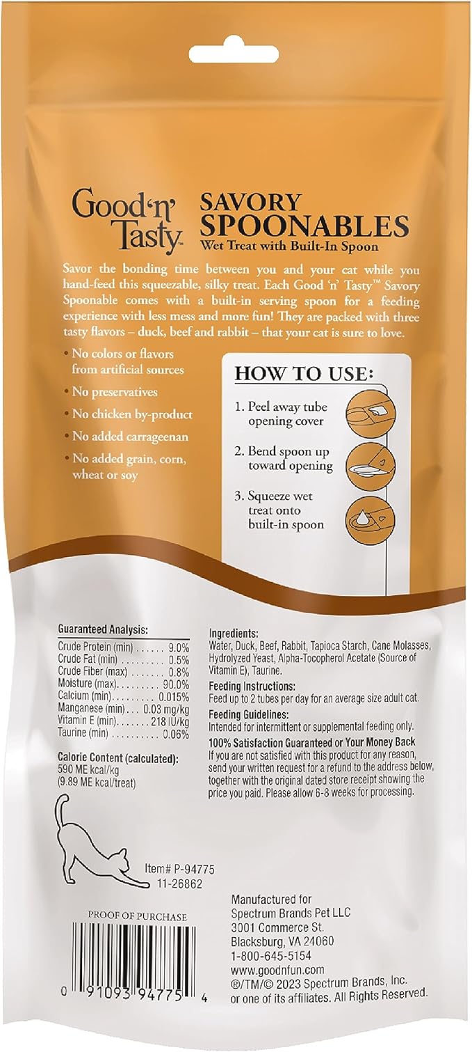 Good ‘n’ Tasty Savory Spoonables with Real Duck, Beef & Rabbit, 6 Count Tube, Triple Flavor Squeezable Lickable Wet Treats for Cats with Built-in Spoon for Less Mess (Pack of 2)