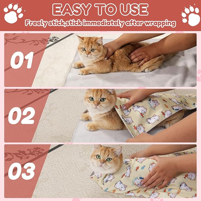 29.5" Cat Grooming Wrap,cat wrap for Cutting Nails,Self-Adhesive cat Swaddle wrap cat Restraint cat wrap Blanket for Medicine, Nail Clipping, Teeth Brushing,Yellow Kitten(Within 16lbs)