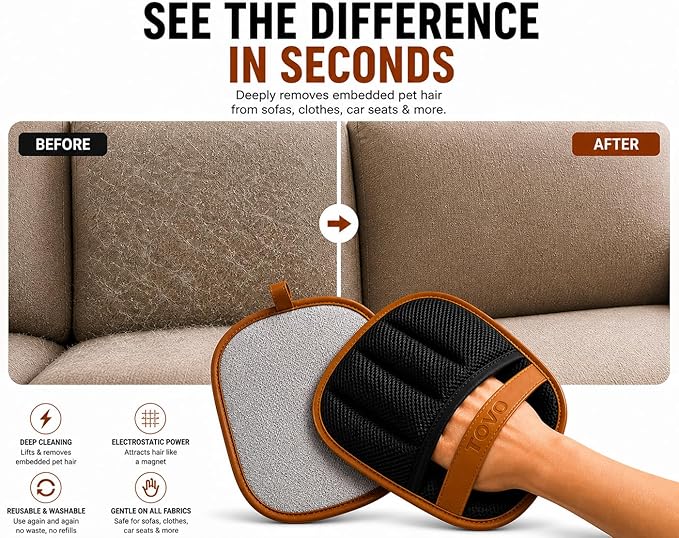 Pet Hair Removal Glove for Dogs & Cats, 2 Pack Reusable Electrostatic Pet Hair Remover Gloves, Five-Finger Magic Brush Fur & Lint Remover for Furniture, Couch, Carpet, Clothing, Car Seats & Laundry