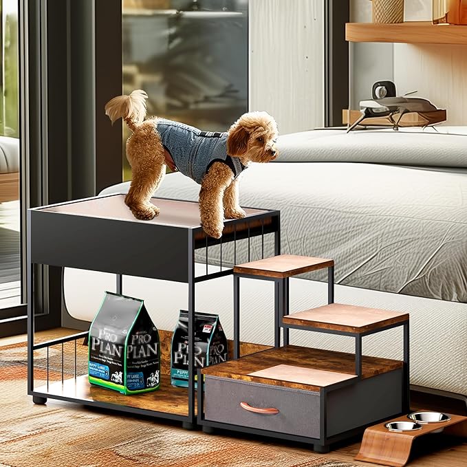 Pet Window Perch with Stairs, Pet Steps for Small Dogs, Cat Window Perch with Non-Slip Pad and Storage Drawer, Pet Bed Couch for Bedside, Indoor Home, Rustic Brown