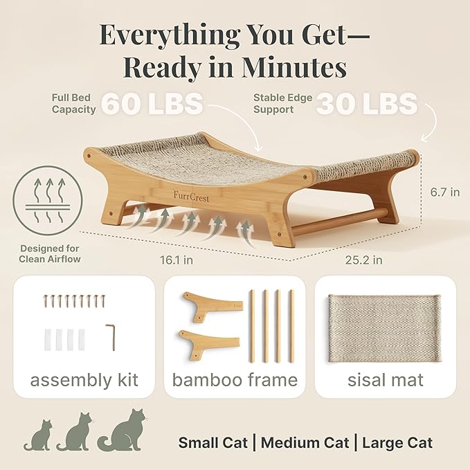 XL Sisal Cat Scratcher Bed with Elevated Hammock for Indoor Cats, Replaceable Natural Sisal Pad, Large Cat Lounge, Anti-Slip No-Wobble Bamboo Frame, Grey Chevron.