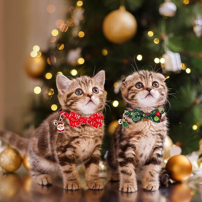 ADOGGYGO Christmas Cat Collar Breakaway with Bowtie Bell - 2 Pack Red Green Xmas Kitten Bow Collars Christmas Collars for Cat Kitten