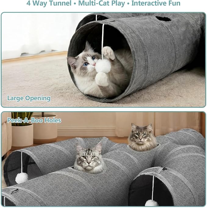 Ownpets Cat Tunnel Large 12 inch Diameter Sturdy Oxford Fabric Cat Tunnel Toy, Cactus Shape Collapsible Cat Tunnels for Indoor Cats,Interactive Peek Hole Pet Tunnel Tube with Cat Wand Toy