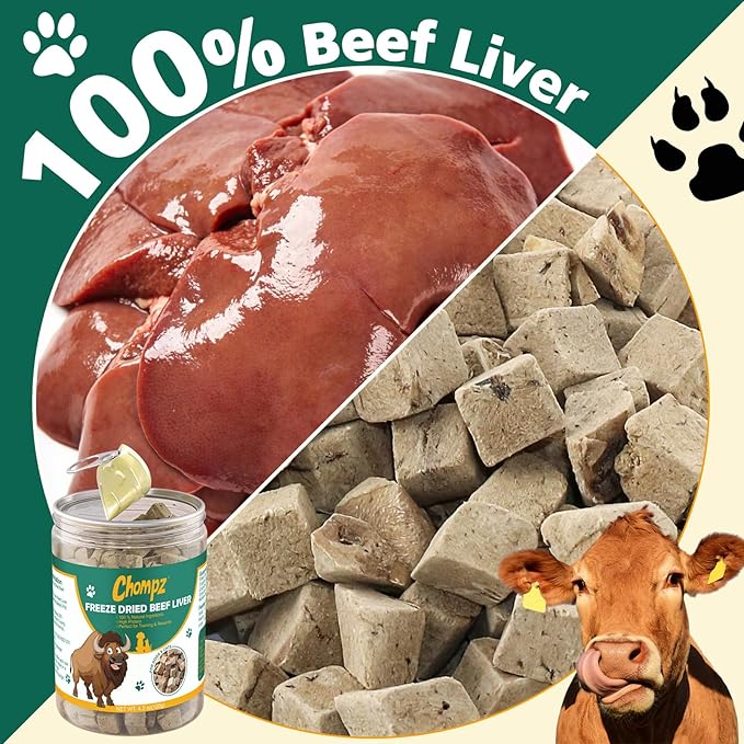 Chompz Freeze-Dried Beef Liver Treats for Dogs & Cats, Healthy Pet Training Treats or Food Topper, Single Ingredient High-Protein 4.23oz