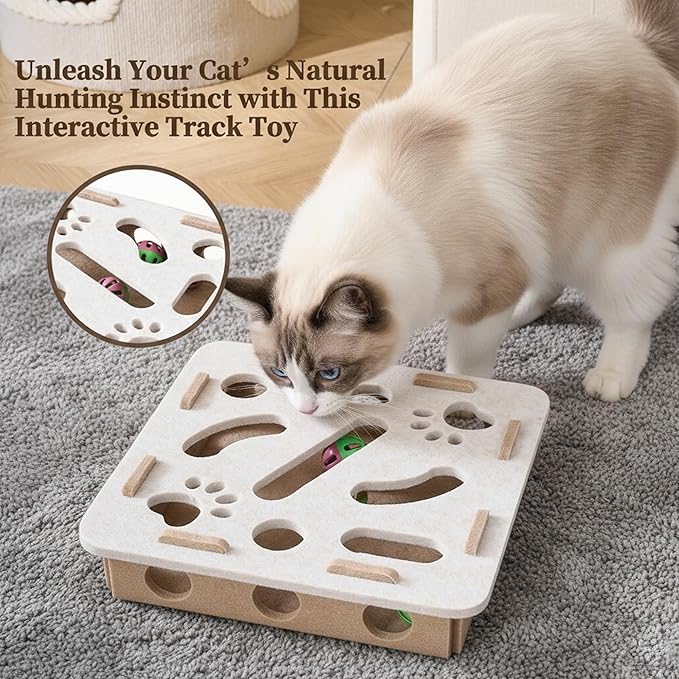 Interactive Cat Puzzle Feeder Toy - Felt Maze Box with 3 Jingle Balls for Indoor Cats Kittens | Mental Stimulation, Slow Feeding, Fun Exercise & Natural Hunting Instincts