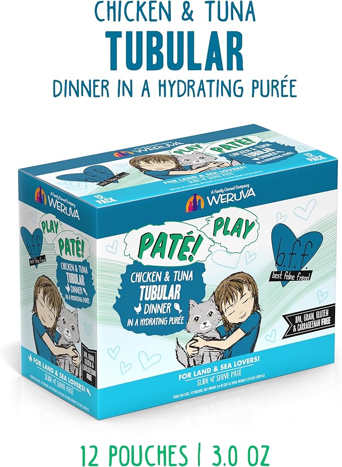 Weruva B.F.F. Play - Best Feline Friend Paté Lovers, Aw Yeah!, Chicken & Tuna Tubular with Chicken & Tuna, 3oz Pouch (Pack of 12)